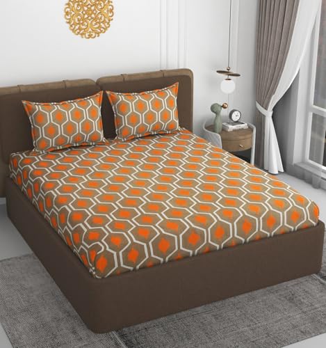 Image of VOMZER 320 TC Cotton Feel All Around Elastic Fitted Printed Bedsheets Double Queen Size, Elastic Fitted King Size Bed Sheet for Double Bed with 2 Pillow Covers, Size- 72 x 72, White Hexa, multicolor