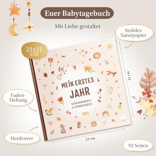 EULENTALER® Das Babytagebuch 'Mein erstes Jahr' I Von Pädagogen gestaltet I Handgemalte Illustrationen I 21x21 cm I Erinnerungsbuch baby, Geschenkidee zur Geburt I Nursery