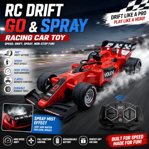 Image of WireScorts Rechargeable High Speed F1 Formula Racing Car with Smoke Spray and Lights for Kids, RC Car for 4-15 Years Old Boys, Racing Car for Kids, Smoke Mist Spray & LED Lights - Red