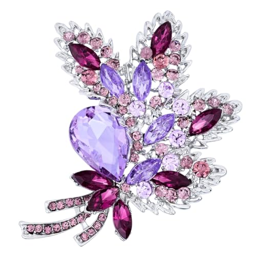 Image of Wedding Bridal Big Crystal Rhinestone Bouquet Brooch Pin for Women (purple leaf bouquet)