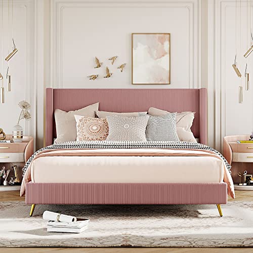 Harper & Bright Designs Queen Upholstered Platform Bed Frame With Headboard And Metal Legs, Corduroy Mattress Foundation With Wooden Slats Support, No Box Spring Needed (Queen Size, Pink) #TOP2
