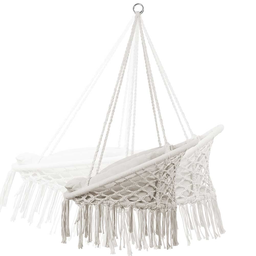 Poltrona Sospesa Da Esterno In Corda Di Cotone - Con Struttura In Acciaio E Cuscino Imbottito, Portata 120 Kg, Colore Beige