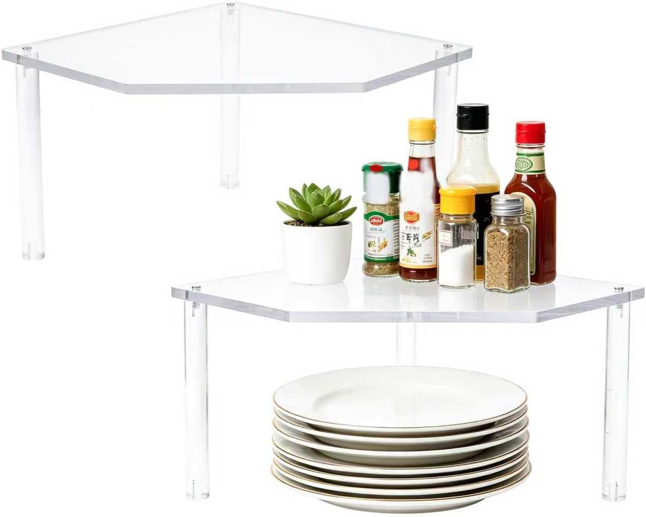 AKAZA 2Pcs 2-Tier Corner Stackable Organizer Shelf for Bathroom & Kitchen - Cabinet Storage Shelf Rack, Shelves, Kitchen Counter and Cabinet Shelf, Storage Rack Organizer (Clear)