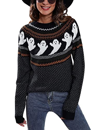 Image of chouyatou Women's Vintage Fair Isle Ghost Pattern Crewneck Knitted Pullover Sweater