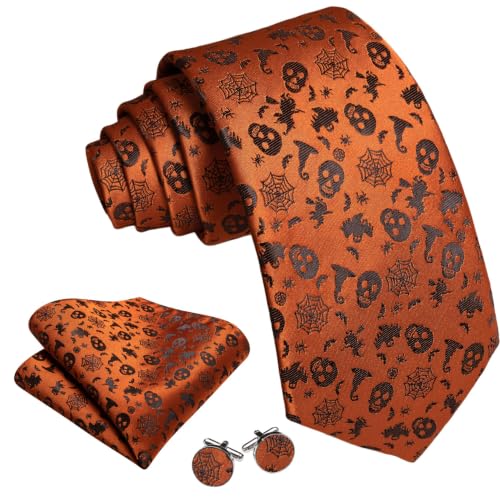 Image of Barry.Wang Men Tie Sets Skull Extra Long Necktie Pocket Square Cufflinks