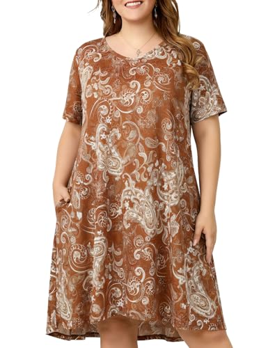 Image of OVERWORETY Womens Short Sleeve Plus Size T-Shirt Dress V Neck Casual Loose Swing A-Line Summer Tunic Dresses with Pockets