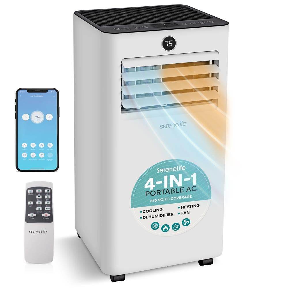 SereneLife Mobilna Klimatyzacja 10000 BTU z rurą odprowadzającą powietrze, klimatyzator 4 w 1 z Wi-Fi, chłodzenie, ogrzewanie, wentylator i osuszacz, do pomieszczeń do 31 m²