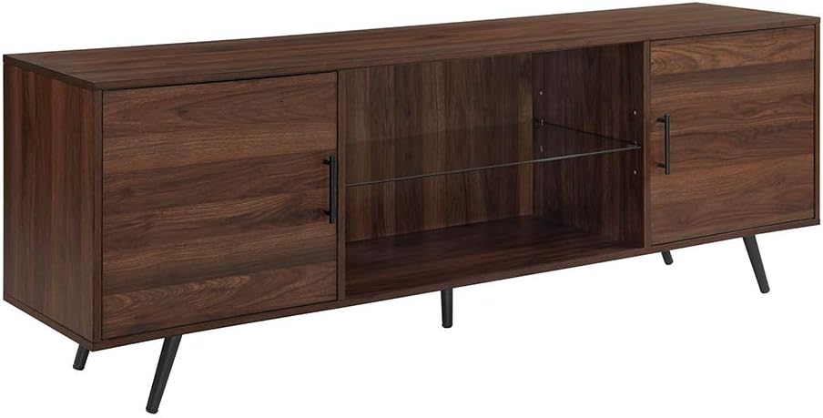 Saxon Mid Century Modern 2 Door Glass Shelf TV Stand for TVs up to 80 Inches, 70 Inch, Dark Walnut