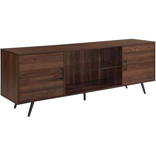 Walker Edison Saxon Mid Century Modern 2 Door Glass Shelf TV Stand for TVs up to 80 Inches, 70 Inch, Dark Walnut