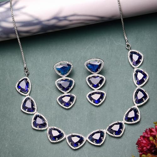 Image of ZENEME Rhodium Plated Silver Toned Triangular Shaped American Diamond Studded Jewellery Set For Women and Girl