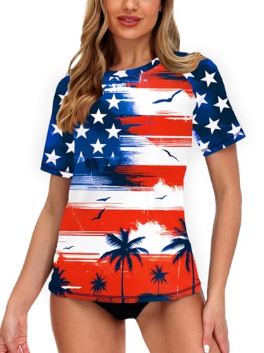 Image of AOBUTE Women Short Sleeve Rash Guard UPF 50+ Tropical Sun Protection Floral Swim Shirts