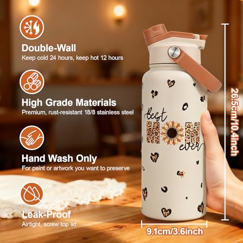 KEWIXY 32 oz Mom Water Bottle, 2-in-1 Lid, Straw & Spout, Insulated, Leak Proof, Keep Cold, Stainless Steel, Metal, Reusable, Mother's Day Birthday Gifts for Mom Mama from Daughter Son, BestMom