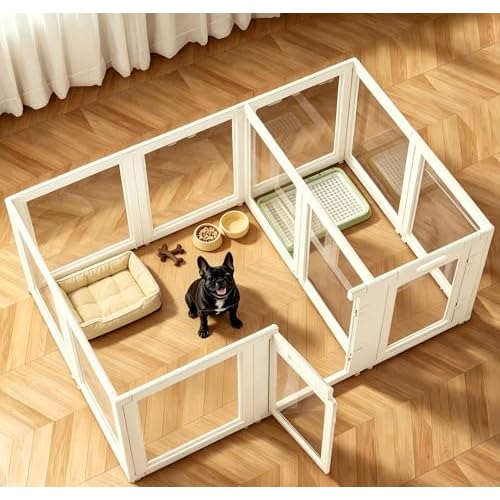 EVERFRONT Clear Acrylic Dog Playpen - Clear Dog Play Pen - Easy Assemble Acrylic Dog Playpen - Puppy Playpen, Cat Playpen, Small Animal Playpen, Dog Play Pen Indoors White 2 Gates + 10 Panel