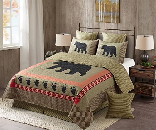 Virah Bella 3 Piece Full/Queen Cabin Quilt Bedding Set - Bear and Paw - Rustic Country Reversible Patchwork Comforter Set with Decorative Pillow Shams