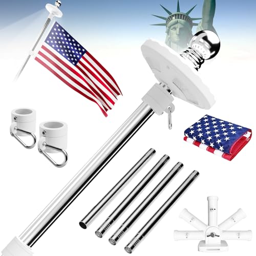 Sprookber 5ft Solar Light Flag Pole kit with American Flag – 180°Adjustable Bracket and Tangle Free Rings, Stainless Steel FlagPoles for Outside House, Residential or Commercial use, Silver