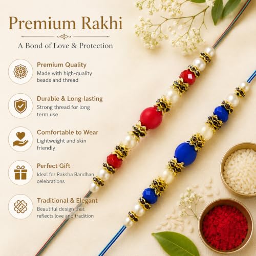 Image of Riddhika Ventures Lavish Pearl and Diamond Ring Bhaiya Bhabhi Rakhi (Set of 2) with Roli Chawal & Greeting Card | Raksha Bandhan Special