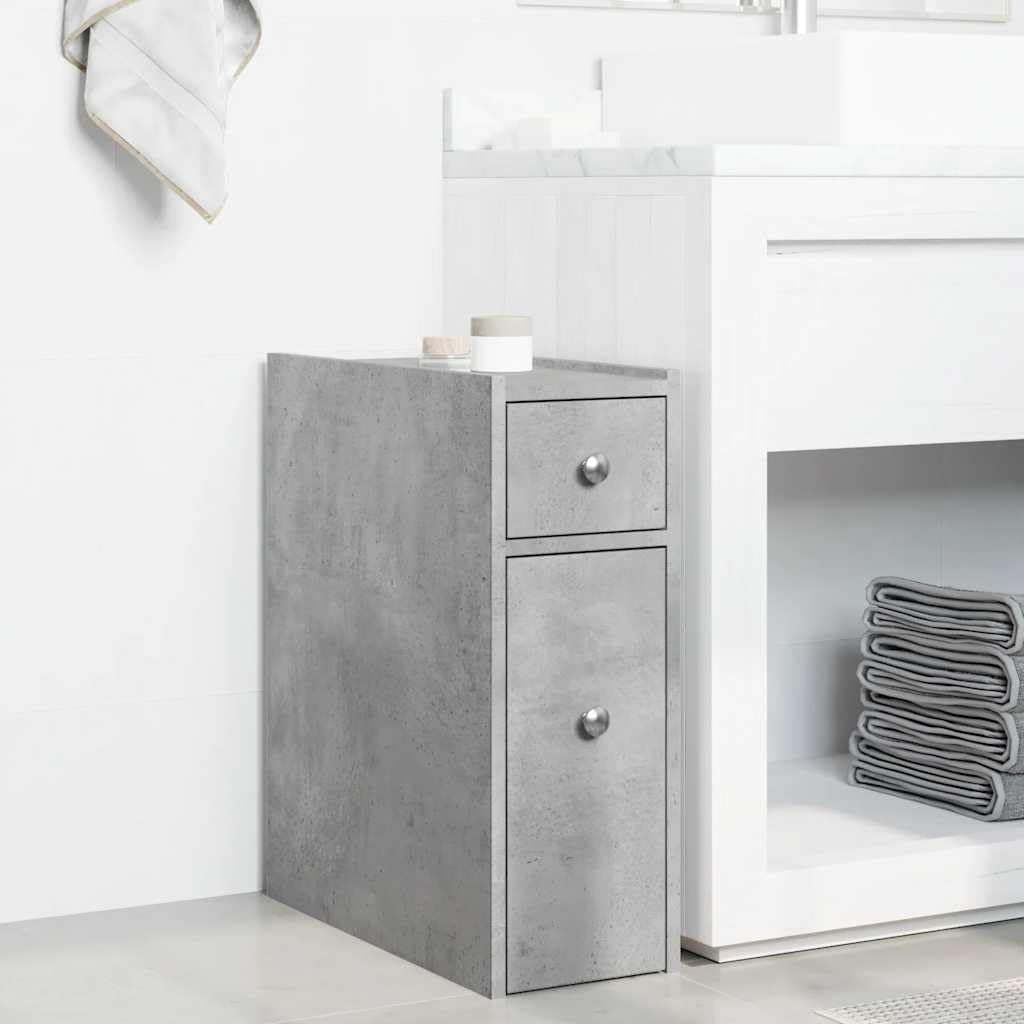 Mueble de baño estrecho con ruedas, color gris hormigón, cajones de madera, espacio de almacenamiento estrecho