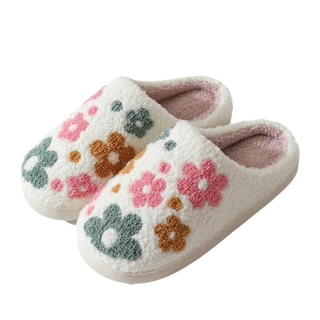 Furry House Slippers for Women/Men Warm Indoor Non-Slip Winter Shoes Flower Slippers Indoor Shoes