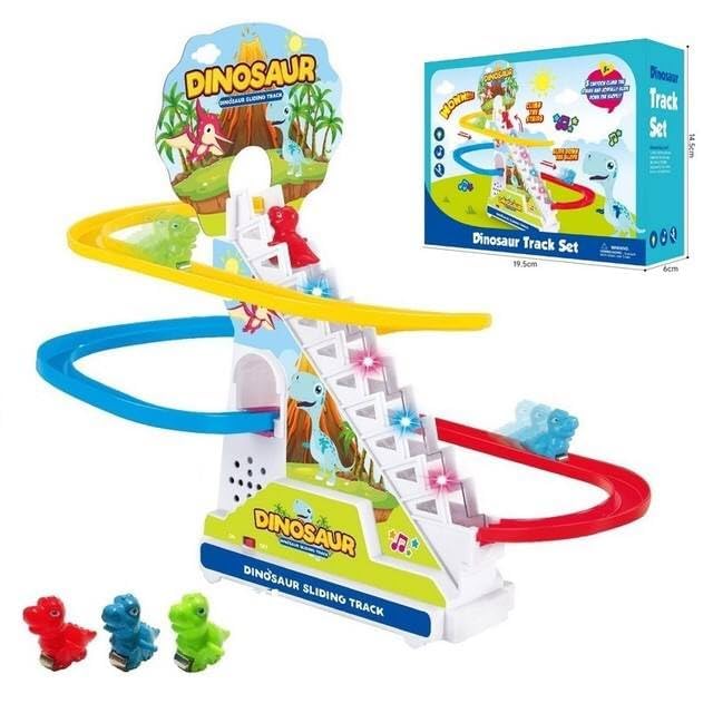 Image of MOROVIK Duck Slide Toy Set, Funny Automatic Stair-Climbing Ducklings Cartoon Race Track Set Little Lovely Duck Slide Toy Escalator Toy with Lights and Music (Duck Slide) (Dinosaur Pack of 1)