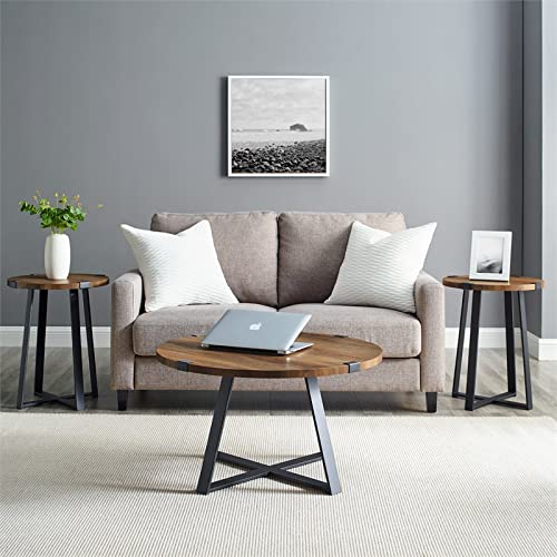Pemberly Row 3-Piece Metal Wrap Coffee And End Table Set In Rustic Oak #TOP2