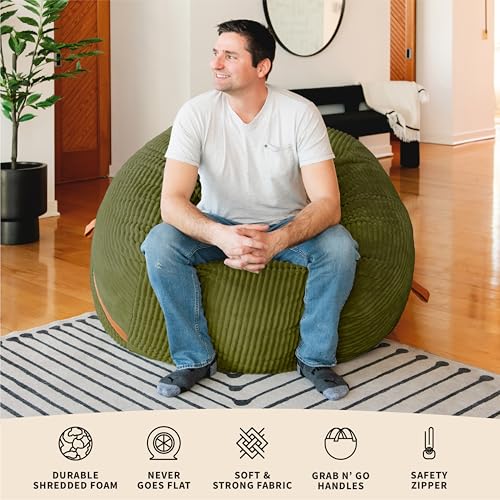 Image of Big Joe Fuf 5Ft Oversized Foam Bean Bag Chair with Removable Cover for Kids, Teens, Adults, Moss Green, Corded Plush, 5 Foot Large Reading and Gaming Seat
