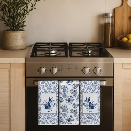 Image of Blue Chinoiserie French Bulldog Kitchen Towels, Frenchie Gifts Dish Tea Towels, Gifts for French Bulldog Lovers, Grandmillennial Toile Dog Decorative Hand Towel for Bathroom, 16x24 Inch Set of 3