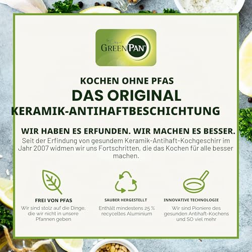 Foto von GreenPan Torino Gesunde antihaftbeschichtete Keramik 28cm/4,2 Liter Schmorpfanne mit Deckel, PFAS-frei, Induktion, Backofenfest bis 160°C, spülmaschinenfest, Schwarz