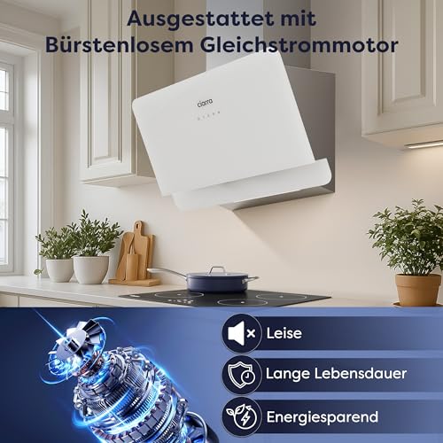 CIARRA CBCS6765C A+ Kopffrei Dunstabzugshaube 60 cm Schräghaube Umluft 580 m³/h mit CBCF055 Aktivkohlefilter 3 Leistungsstufen Touch-Bedienung Wandmontage Abzugshaube für Küchen Edelstahl Glas Weiß