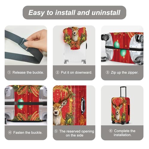 Image of Vintage Plaid Luggage Cover - Red Tartan with Golden Deer and Holly, Classic Stretchable Suitcase Cover 24 26 Inch
