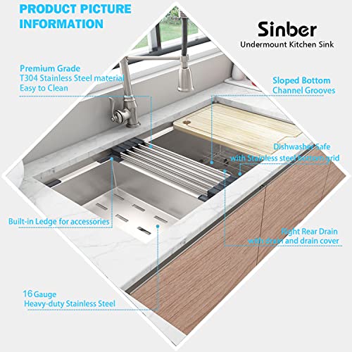 Sinber 33" Undermount Double Bowl 16 Gauge 304 Stainless Steel Workstation Farmhouse Apron Kitchen Sink With Accessories (33" X 19" X 10" Workstation) #TOP4