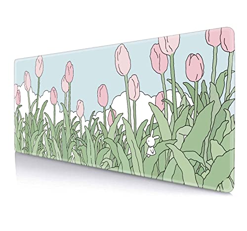 Image of Kawaii Pink Flowers Mouse Pad, Nature Mousepad Cute, Minimalistic Desk Mat, Bunny Anime Desk Pad, Extra Large Mouse Pad, 31.5 X 11.8 Inch, Aesthetic Wildflowers