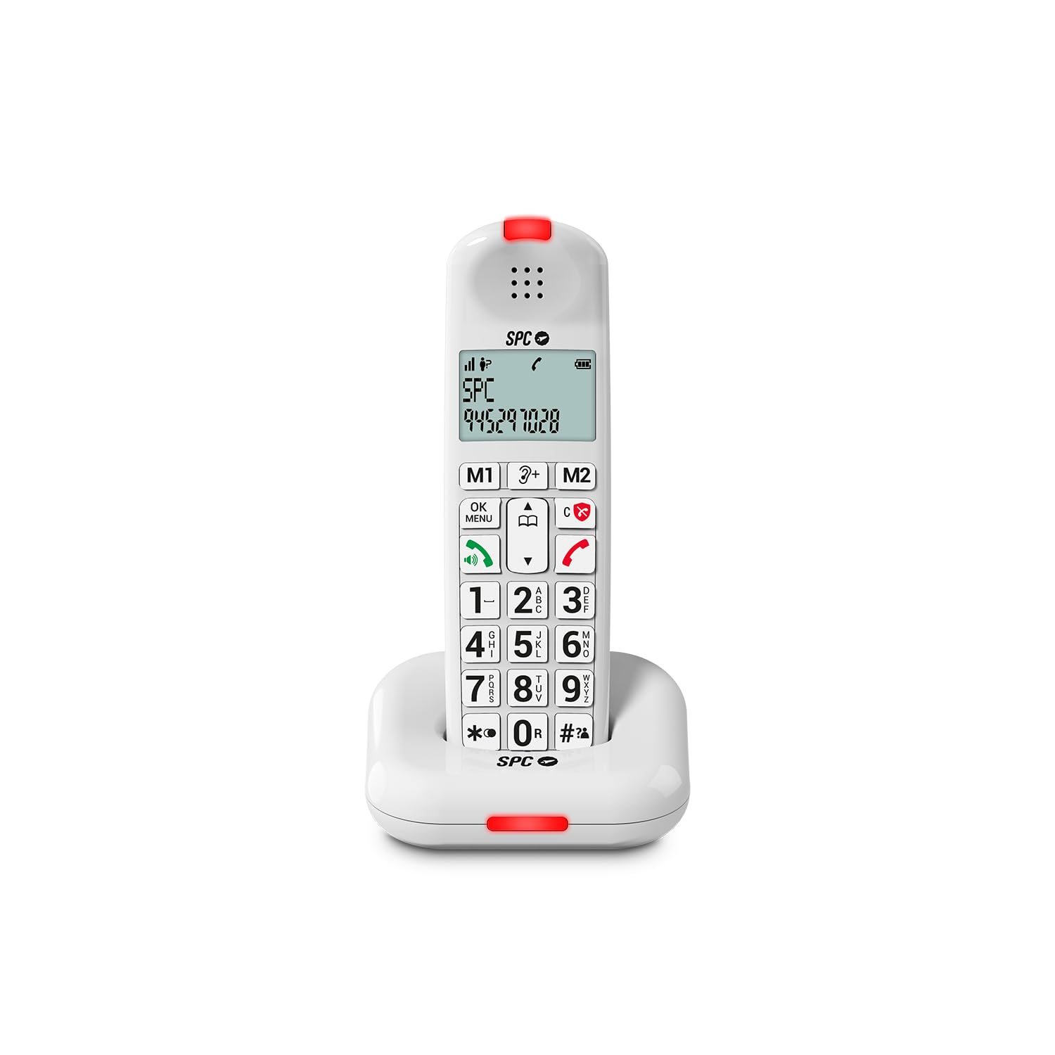 SPC Comfort Kairo - Bezprzewodowy telefon dla seniorów z dużymi przyciskami, wzmocnionym dźwiękiem, kompatybilny ze słuchawkami, blokada połączeń, sygnał świetlny i 2 bezpośrednie pamięci – Biały