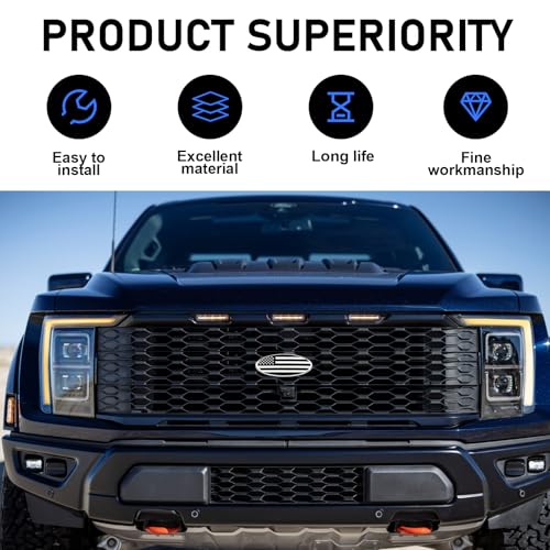 Image of Pack-2 Car Front Grille Badge Decoration, 9 inch x 3.5 inch ABS Base + Metal Rust-Proof American Flag Patriotic Personalized Label, Self-Adhesive Accessory, Compatible with Ford F150 F250 (Silver)