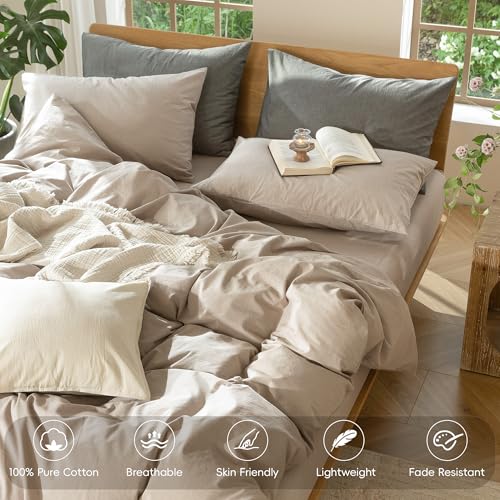 Image of MooMee Duvet Cover Set 100% Washed Cotton Linen Like King | Relaxed Linen-like Texture. Soft, Breathable & Long-lasting Comfort. Lightweight. Hidden Zipper with 8 Interior Corner Ties