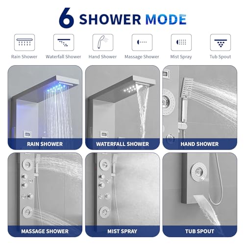 Image of BWE 6 in 1 Shower Panel Tower System with LED Lights & Temp Display