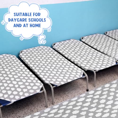 Image of Peryiter 12 Pcs Cot Sheets for Daycare, Standard Size 24 inch x 51 inch Toddler Nap Mat Sheets with Cute Pattern & Corner Elastic Loops, Breathable Fitted Cot Crib for Preschool Kid Boy Girl (Cloud,Gray)