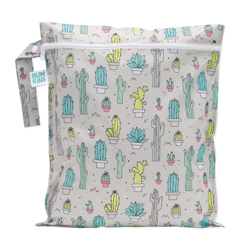 Bumkins Waterproof Wet Bag for Baby, Travel, Swim Suit, Cloth Diapers, Pump Parts, Pool, Beach, Gym Clothes, Toiletry, Hook to Stroller, Daycare, Zipper Reusable Wetdry Packing Pouch, Cactus Green