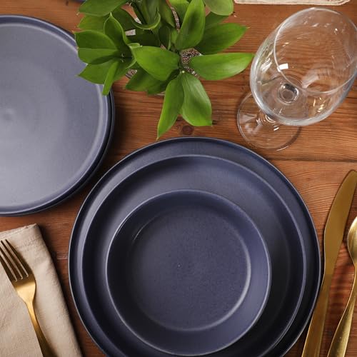 Image of Gibson Elite Bayou Moon Plates and Bowls Sets, 16-Piece Blue Matte Stoneware Dinnerware Sets, Solid Color Reactive Glaze Dish Set