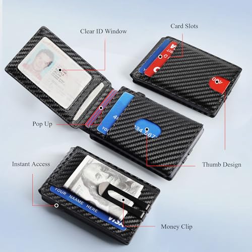 Generic Mens Slim Minimalist Wallet with Money Clip, Pop Up Card Holder, Carbon Fiber Black, RFID Blocking2