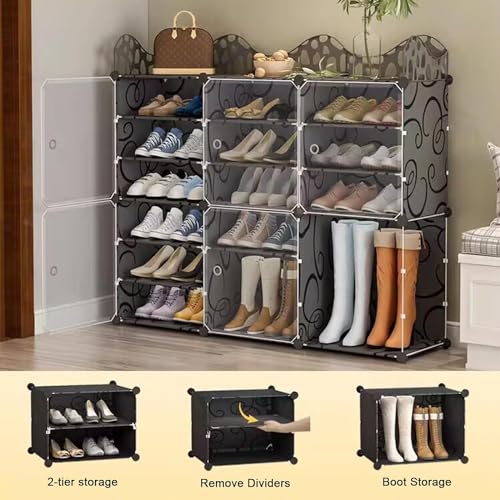 Image of Shoe Rack Multipurpose 5 Shelves Shoe Rack with Zip Door Cover & Side Pockets, Multiuse Wide Shelve,Rack for Footwear, Toys, Clothes (Black, 18-Layer)