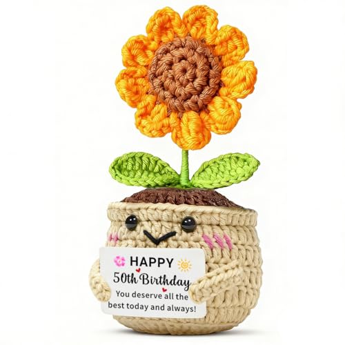 Image of TTOVEN 50th Birthday Gifts for Women Men Handmade Positive Sunflower Crochet Happy 50th Birthday Gifts for Mum Dad Daughter Son Friend Sister Bestie
