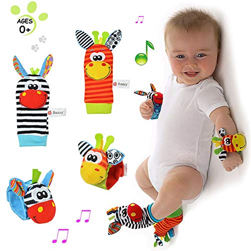 XZPP Neonato Sonagli Baby Rattle Toys, 4 Pz Velluto Calzini Polso Sonagli Bracciale Polsi di Simpatici Animaletti Set per Bambini Piedi, Peluche Giocattoli Bambole Sviluppo Educativo