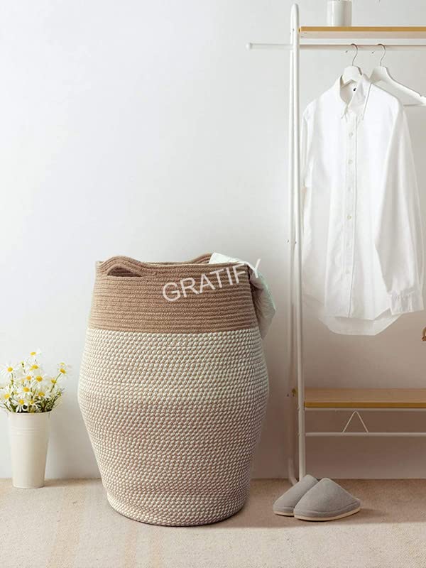 Image of GRATIFY Tall Laundry Hamper | Woven Jute Rope Dirty Clothes Hamper Modern Hamper Basket Large in Laundry Room, ( Mix Brown 18x 16 Inch)