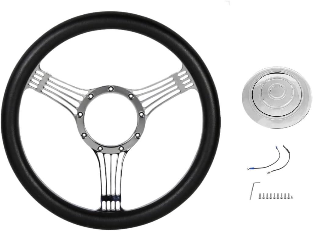 14'' x 2'' Billet Black Leather Half Wrap 9 Bolts Dish Steering Wheel with Horn Button,'Banjo Style' Steering Wheel Fits Most 1967-94 GM Cars