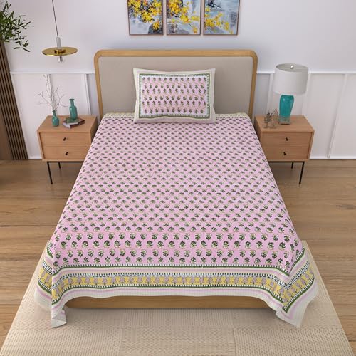 Image of 100% Cotton Single Bedsheet with 1 Pillow Cover | 240 TC Pure Cotton Flat Bed Sheet | Traditional Jaipuri Printed Bedding Set | Soft & Breathable | 60 x 90 Inch (Rangmahal Single 20)