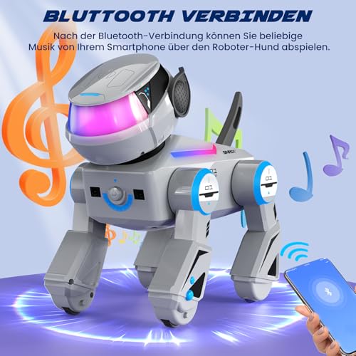 SIMREX Roboter Hund Spielzeug für Kinder, Interaktiver intelligenter Roboterhund mit Berührungssensor, Bluetooth-Fernbedienung, Tanz-Tricks, LED-Augen, Geburtstagsgeschenk für Jungen und Mädchen, Grau