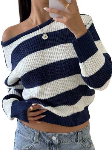 Verdusa Striped Off The Shoulder Sweater Oversized Sweaters Long Sleeve Y2K Loose Knitted Pullovers Blue Medium