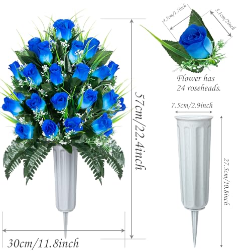 Artificial Cemetery Flowers, Grave Decorations Roses, Memorial Flowers Bouquet with Cemetery Vase, 2 Sets (Pure Blue) image 5
