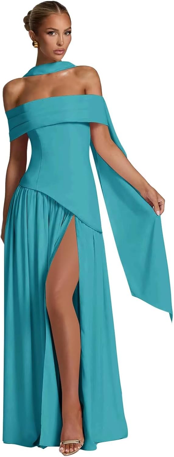 Satin Bridesmaid Dresses for Women with Scarf Off Shoulder Pleated Long Prom Formal Party Dress with Slit