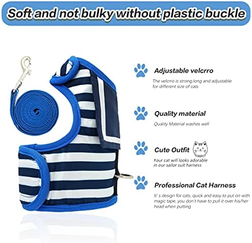 Yizhi Miaow Cat Harness and Leash for Walking Escape Proof, Adjustable Cat Vest Harness, Padded Stylish Cat Walking Jackets, Sailor Suit Navy, Extra Large - 3
